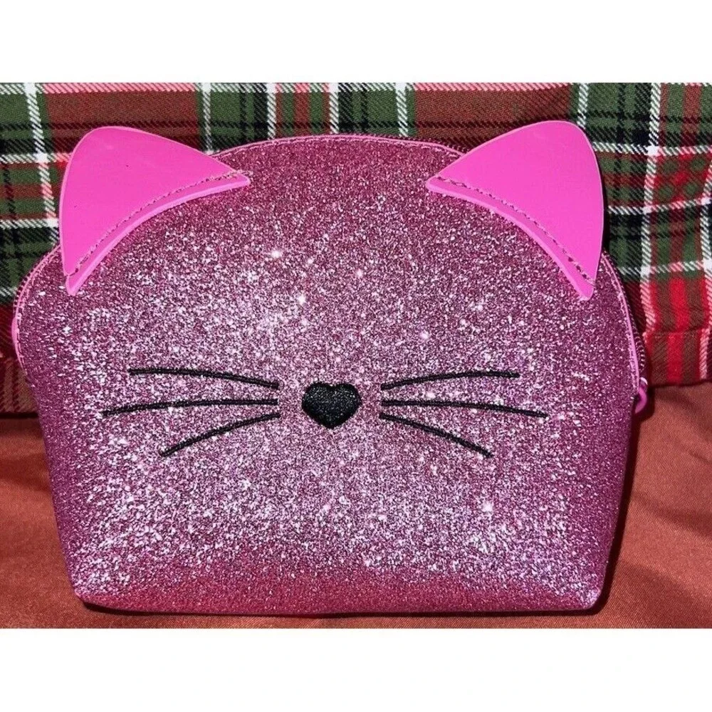 Cat face coin Pink glitter vinyl purse‎ Girls New